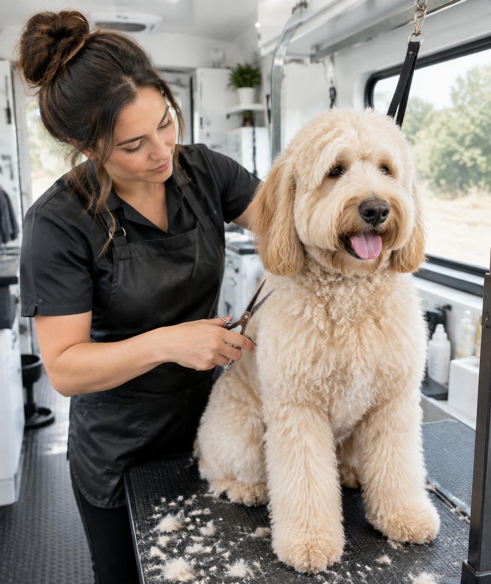 Groomer scissoring a doodle on the table