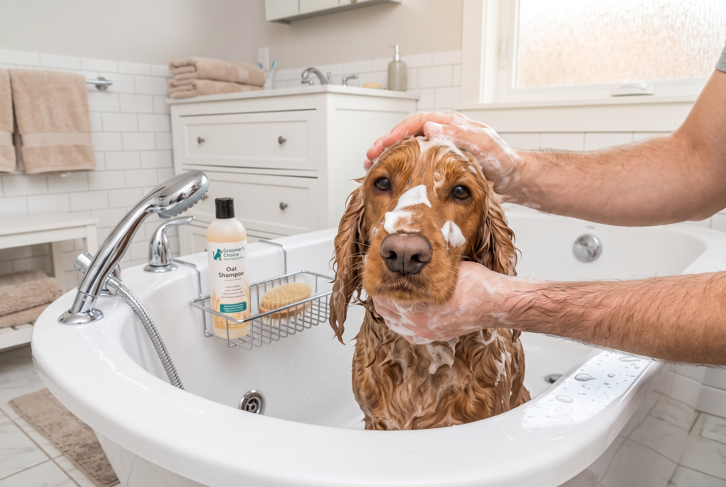 A golden retriever enjoying a warm bath, hands lathering shampoo